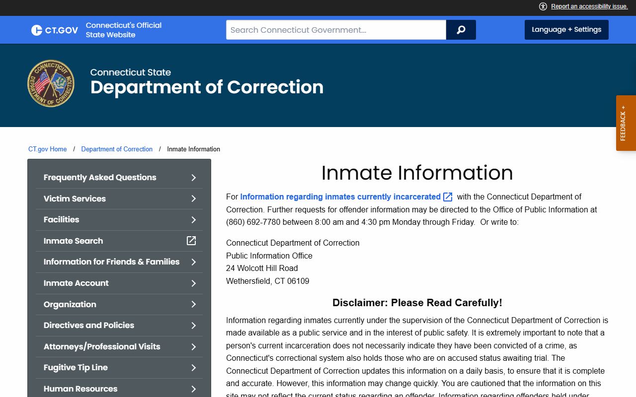 Connecticut DOC inmate information page used to search the Fairfield County inmate population