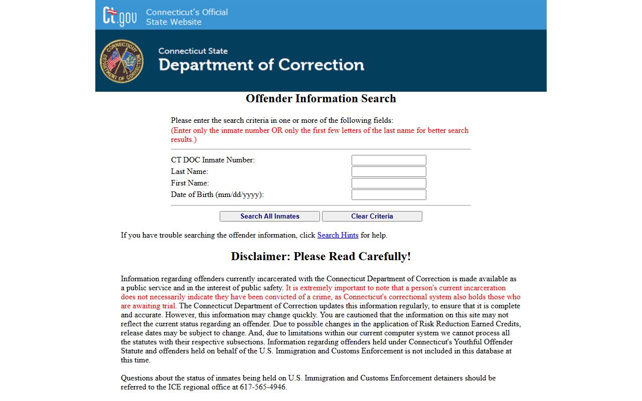 Connecticut DOC inmate search used for Fairfield County inmate records