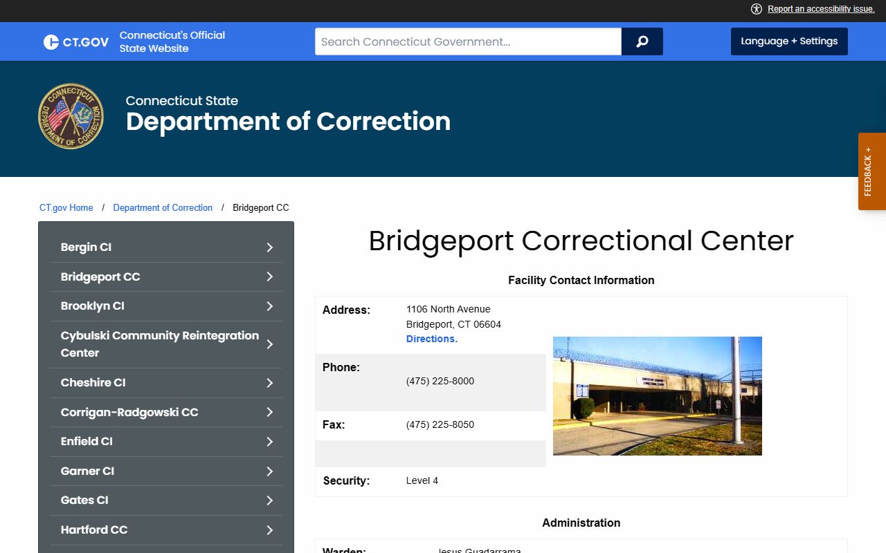Bridgeport Correctional Center entrance, the source for Fairfield County inmate records and custody lookups