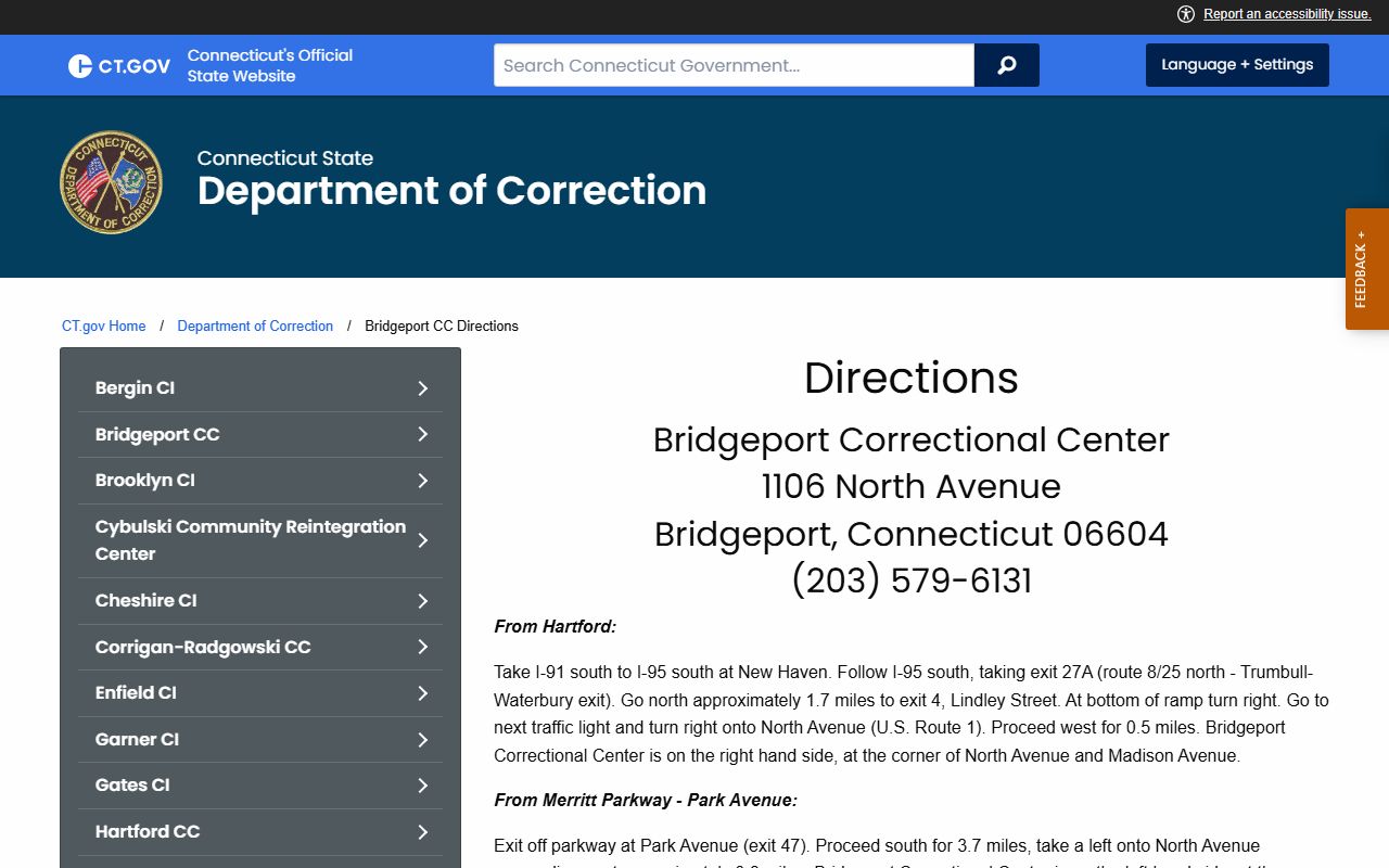 Directions map to Bridgeport Correctional Center for Fairfield County inmate visits and records