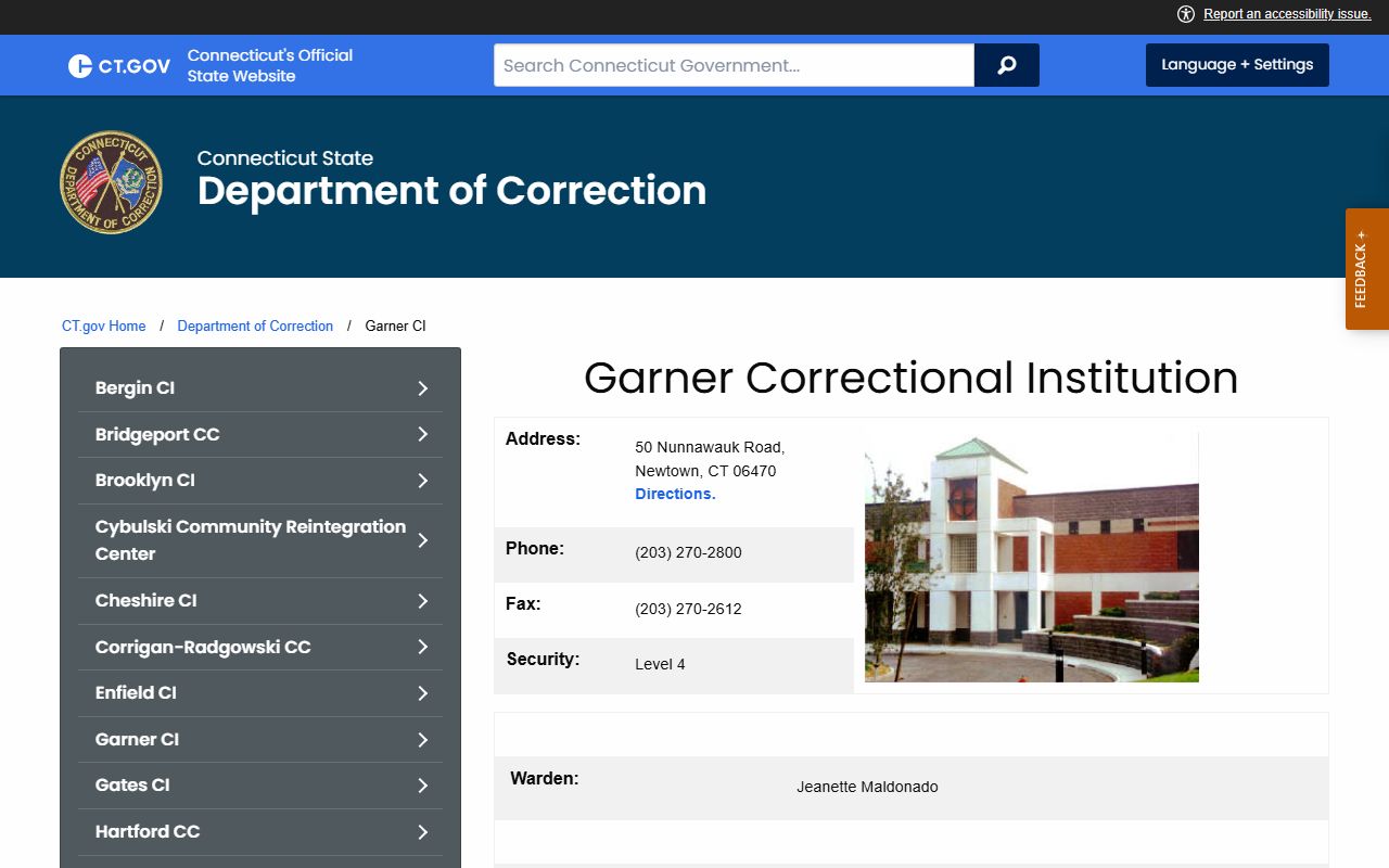 Garner Correctional Institution inmate records and facility profile page in Fairfield County
