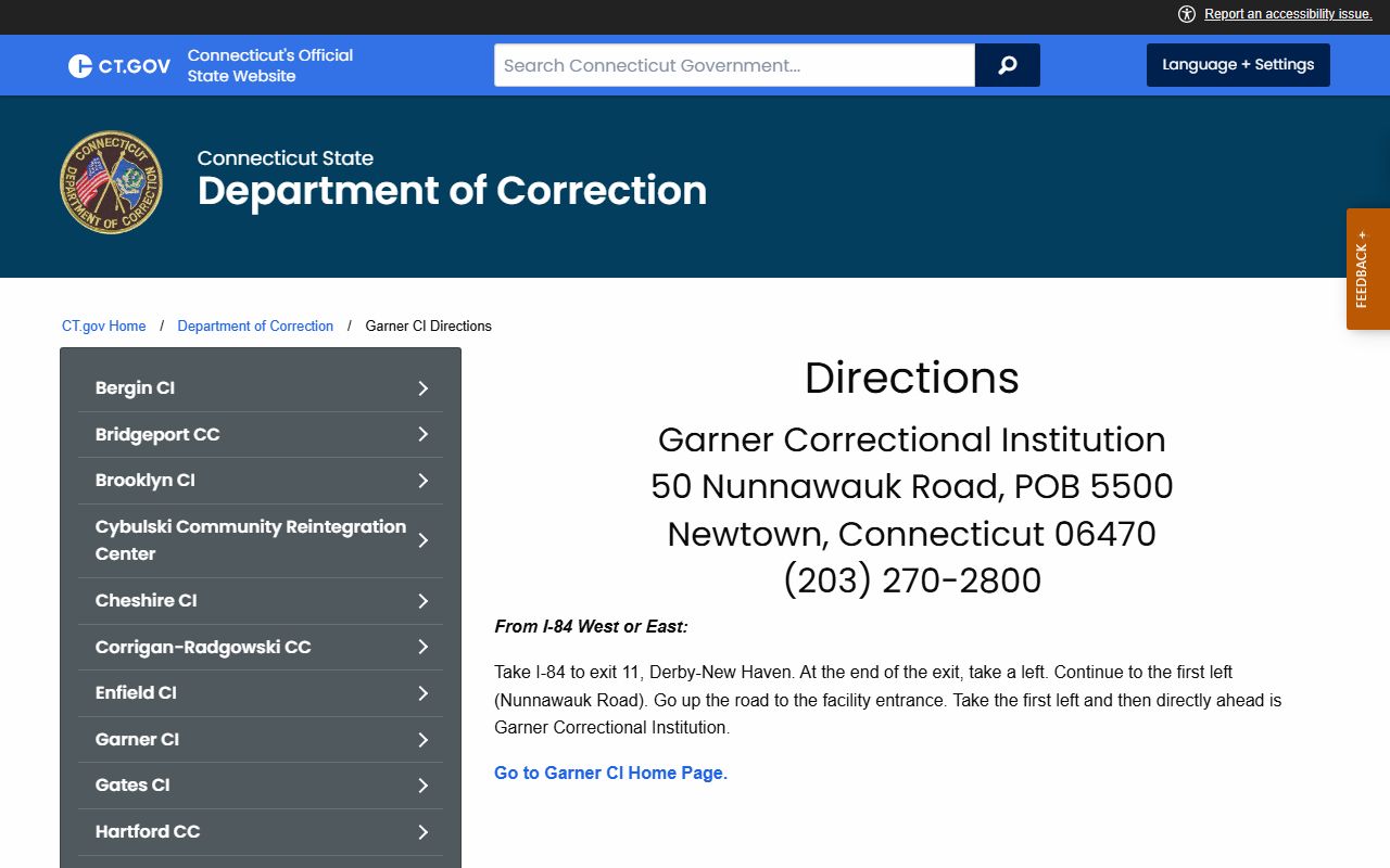 Directions to Garner Correctional Institution in Newtown for inmate records and visits