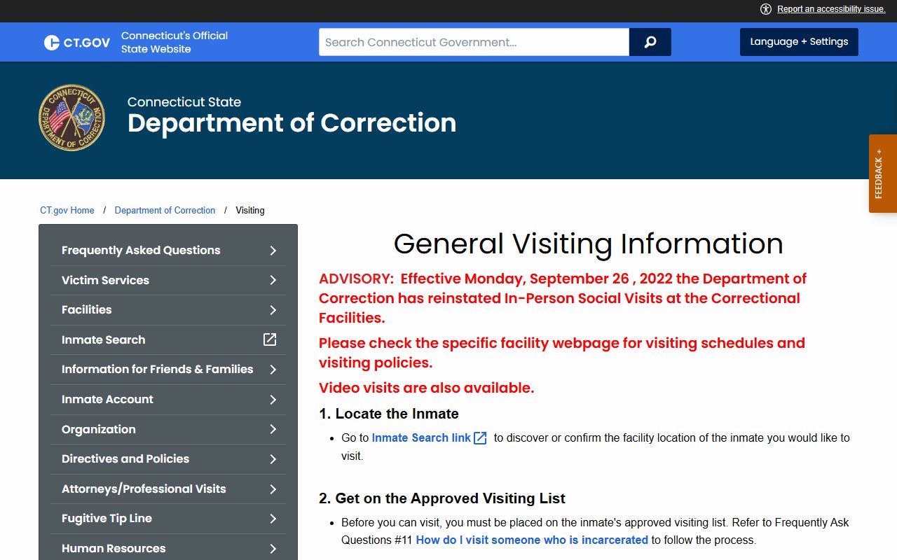 Connecticut DOC visiting rules for Fairfield County inmate visits