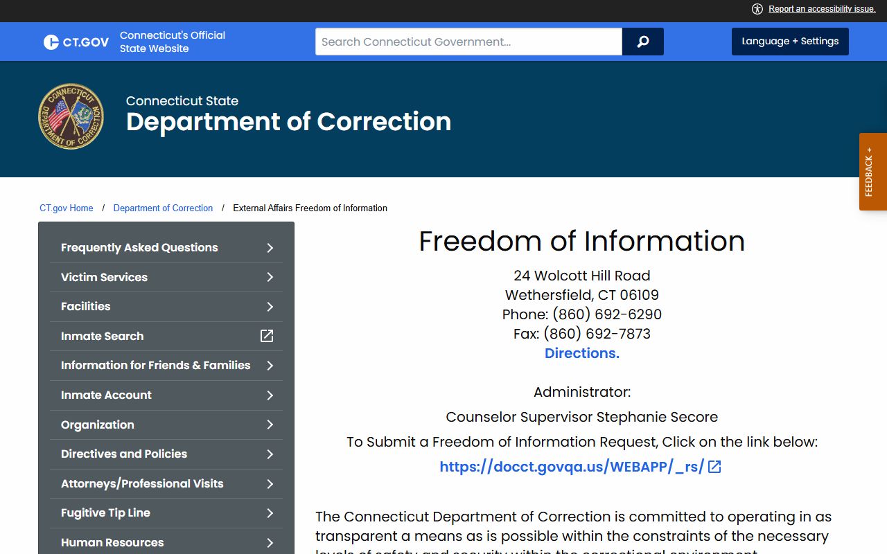 Connecticut DOC FOI office contact page for Fairfield County booking photo and inmate records requests