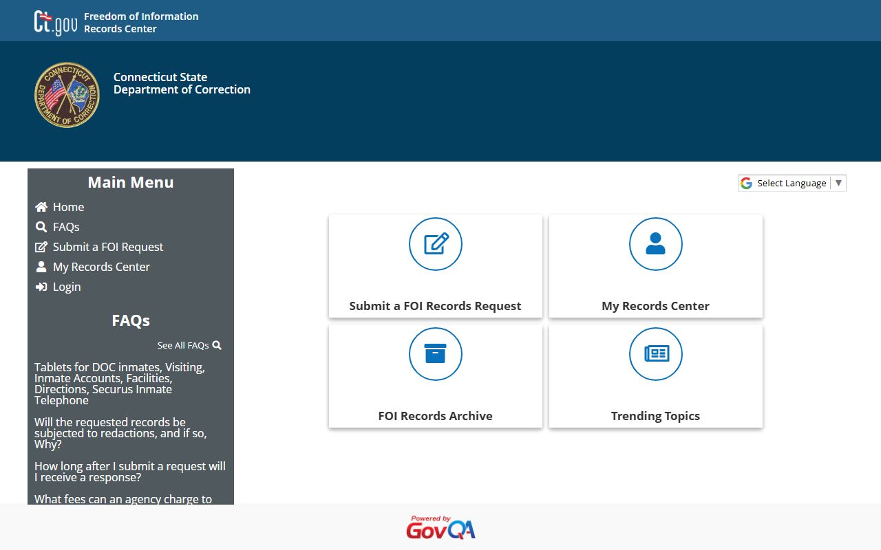 Connecticut DOC FOI portal used to file a Fairfield County booking photo records request