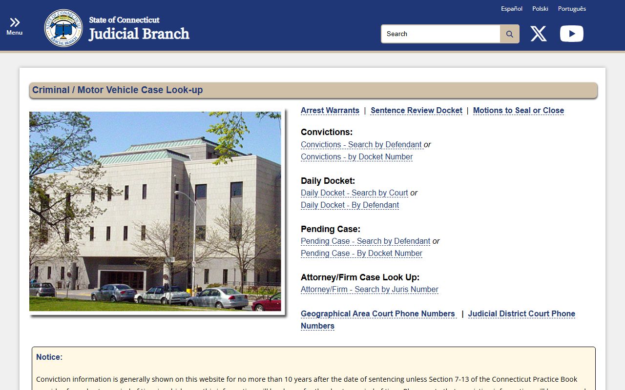 Fairfield County court records on the Connecticut Judicial Branch criminal case lookup page