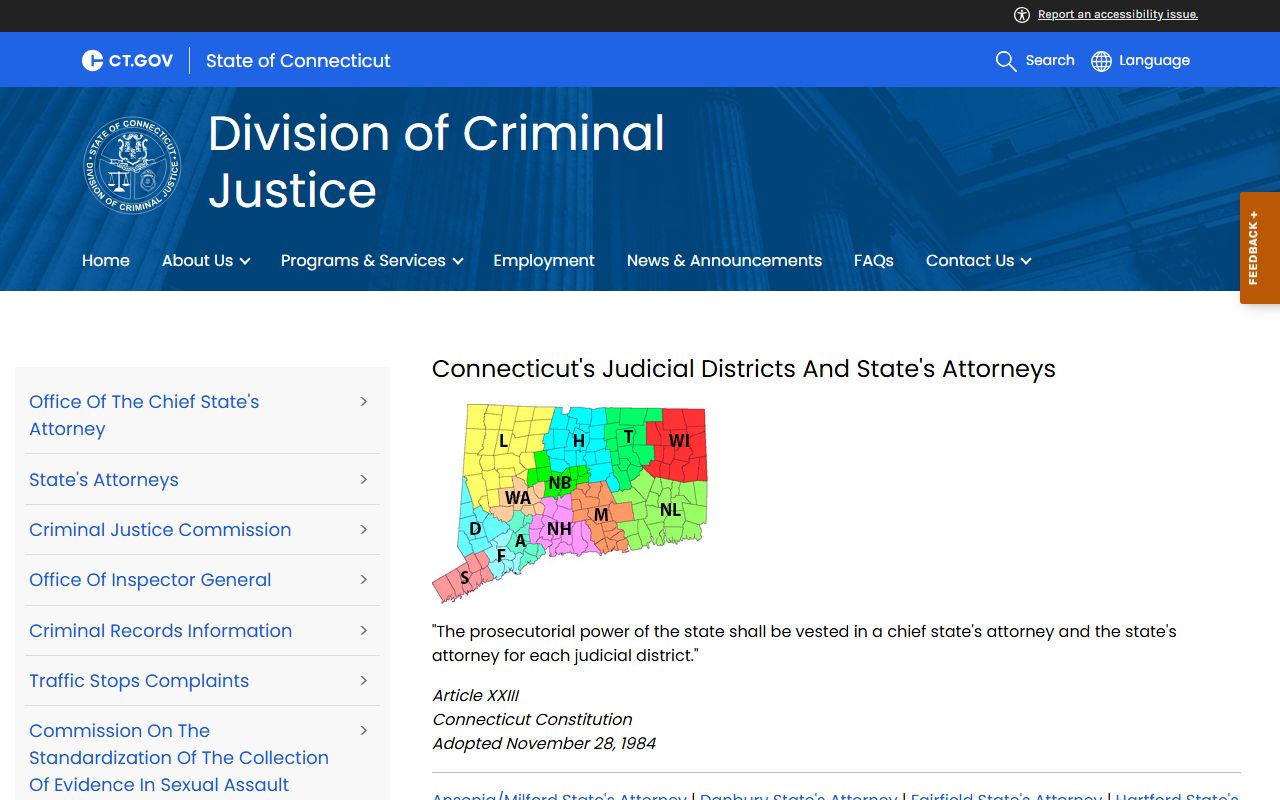Fairfield County State's Attorneys directory for the judicial districts that prosecute court records after an arrest