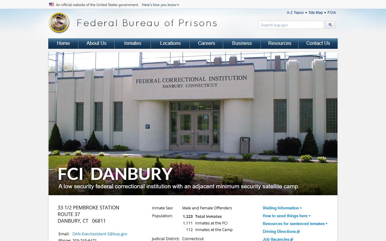 FCI Danbury federal inmate records and facility page in Fairfield County